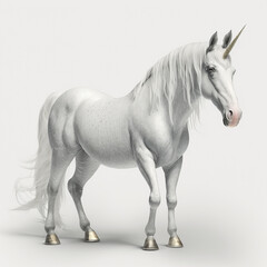 White unicorn with golden hooves, fantastic fabulous animal, isolated on white background close-up, ai generative