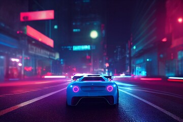 Fototapeta na wymiar a sports car driving down a city street at night with neon lights on the buildings and street lights in the background, with a blurry image of the car in the foreground generative ai