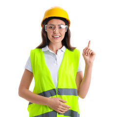 Female worker in vest and hardhat pointing at something on white background