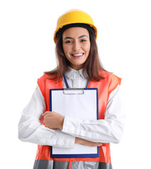 Female engineer with clipboard on white background