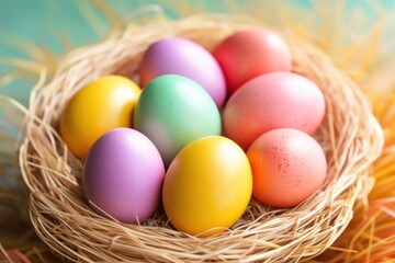 Fototapeta na wymiar Wicker basket with colorful Easter eggs. Generative AI