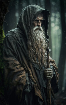 Lonely oldman hermit with a long beard and an old cloak 