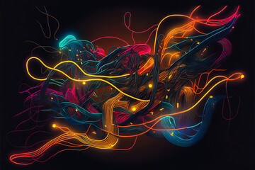 An abstract landscape of electrical currents that symbolizes connectivity and interdependence. Futuristic style, attractive and dynamic neon colors. Generative AI - obrazy, fototapety, plakaty