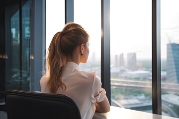 Portrait of relaxed businesswoman from the back in modern office.Business young woman from the back relax after work of office window with business district view - Generative AI