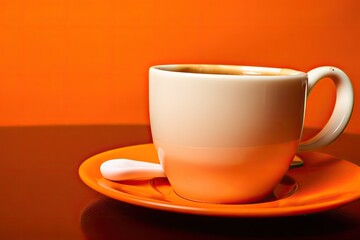 Orange background with a white cup of coffee in it. Generative AI