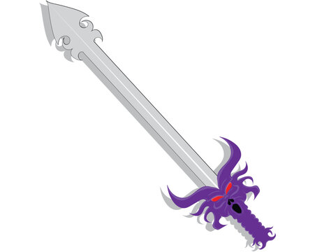 This is a vector design of a purple double-edged sword with a hilt shaped like the head of a multi-horned monster with two red eyes and a sword tip in the shape of a symbol
