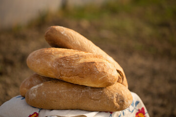 Homemade bread on an embroidered Ukrainian towel