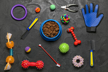 Set of pet care accessories and bowl of dry food on dark background