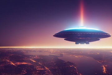 Naklejka na ściany i meble UFO flying saucer above city through airplane window, unidentified flying object in sky. Observing alien aircraft with neon glowing in plane window, generative AI