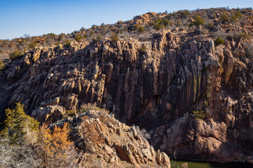 Sunny view of hiking in the Narrows Trail of Wichita Mountains National Wildlife Refuge