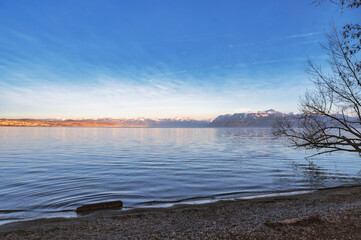 le lac Léman et les alpes depuis la plage de Tolochenaz