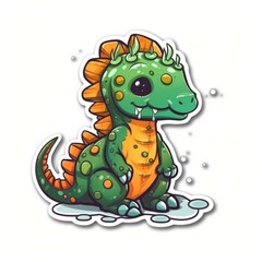 Cut sticker of a green dinosaur with orange spots on white background. Generative AI