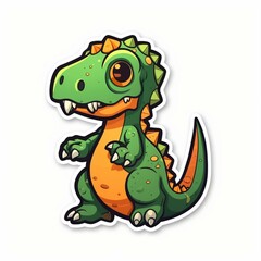 Cut sticker of a green dinosaur with orange spots on white background. Generative AI