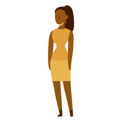 A minimalistic black woman icon wearing a yellow dress looking at her left side on the middle of a white square-shaped background with space to write your text on both sides