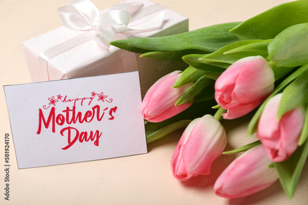 Canvas Prints Greeting card with text HAPPY MOTHER'S DAY, gift box and beautiful tulip flowers on pink background