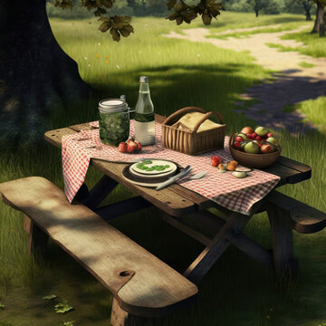 Table Set For A Picnic Under A Tree In The Park . Generative AI