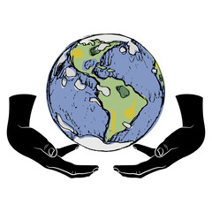 Two aggressive human hands grasping planet Earth. Creative concept. Isolated vector illustration.