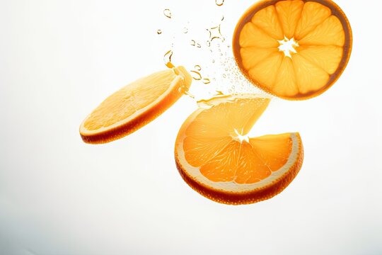 Slices of fresh orange fruit dropping over a white background, close up. Food that flies concept. looking up. Lay flat. Orange slice in the air, shadowless. Generative AI