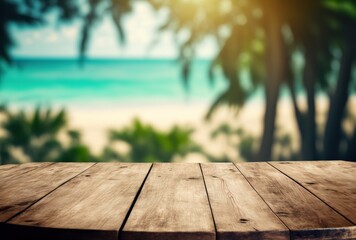 Fototapeta premium Mockup of wooden table or planks of a panorama banner for product presentation. a beach restaurant in a blurred background. Template for products, prototypes and presentation designs. Generative AI