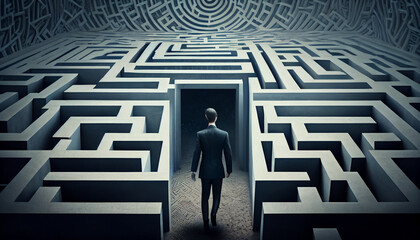 Obraz na płótnie Canvas Businessman standing in front of a labyrinth. Generative Ai