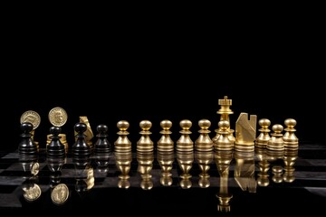 Financing a business project is a funding concept. On a black background, an illustration of generic golden coins and pawns is displayed. Generative AI