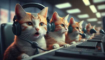 Group of cats with headphones. Customer service. Generative Ai