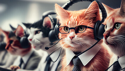 Group of cats with headphones. Customer service. Generative Ai