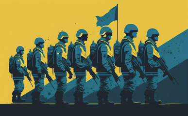 Ukrainian soldiers fighting for their freedom illustration. Generative AI - 581926392