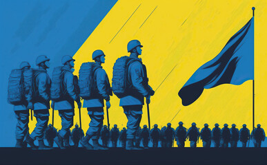 Ukrainian soldiers fighting for their freedom illustration. Generative AI - 581926511