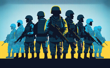 Ukrainian soldiers fighting for their freedom illustration. Generative AI - 581926512