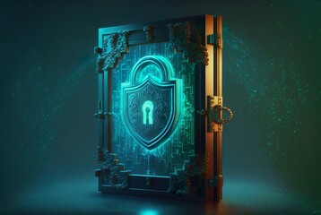 Concept of digital data protection and cyber security. Security lock as holographic entrance. A shield with a lock icon is displayed as a Door. -  Generative AI
