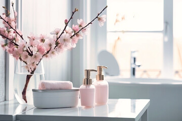 Cosmetic and beauty products for bath, spa in white bottles, branch of spring pink sakura flowers, toiletry on table in soft light white bathroom interior - Generative AI