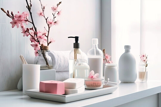 Cosmetic and beauty products for bath, spa in white bottles, branch of spring pink sakura flowers, toiletry on table in soft light white bathroom interior - Generative AI