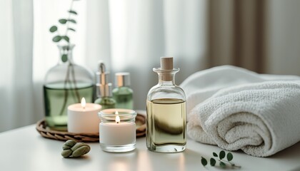 Wellness Dekoration im Badezimmer oder im Spa. Öl mit Handtuch und Kerzen.