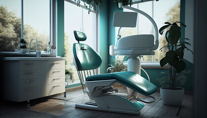 Interior of a modern dental clinic with a chair. Generative Ai