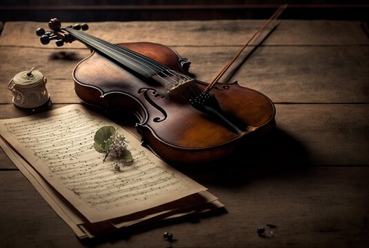 Eine alte Geige auf einem alten Tisch, mit einem Blatt Noten kunstvoll arrangiert. Violine 3d gerendert. Generativ KI