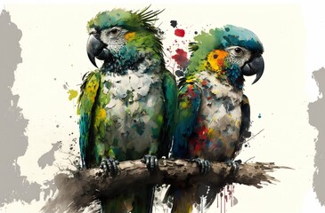 KI Malerei - Farbenprächtige Papageien auf einem Ast