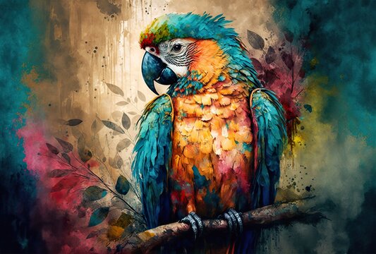 KI Malerei - Farbenprächtiger Papagei auf einem Ast im Dschungel - Ölbild