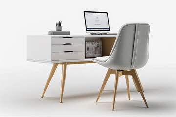 Modern office desk and computer on white isolated background.Closeup view.Created with generative ai