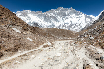 Wall of Lhotse (8516m) and Nuptse star: while arriving Island peak BC - obrazy, fototapety, plakaty