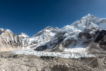 View from empty Everest base camp (EBC) towards Mount Everest, and west face of Nuptse