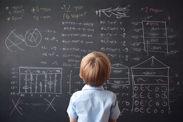 A child looking at a chalk board willed with math equations, school days,  back to school,  generative ai
