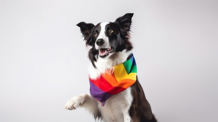 playful border collie dog wearing a rainbow bandana,  generative ai