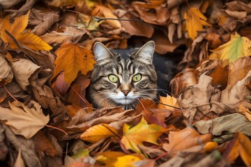 Naklejka na ściany i meble A grey tabby cat sitting in a pit of autumn leaves, intense focus, generative ai 