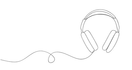 Hand drawing one line headphone speaker. Outline contour sketch of earphone gadget with space for text, continuous line headset drawing. Vector illustration
