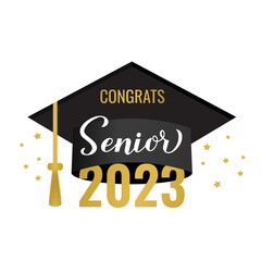 Senior 2023 lettering with graduation cap isolated on white. Congratulations to graduates typography poster.  Vector template for greeting card, banner, sticker, label, shirt, etc.