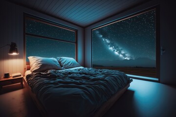 Bed and starry sky. Creative design concept. Ai generation