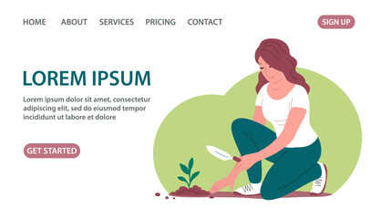 The girl planted a young seedling in the ground. In the hand a garden scoop. Gardening outdoors. Caring for nature and ecology. Design for poster, banner, website. Vector cartoon illustration