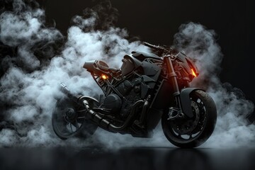 Motorcycle detail on a dark background with smoke, side view. AI generation