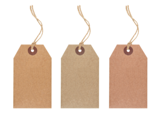 Set of three hanging blank craft paper tags isolated on transparent background